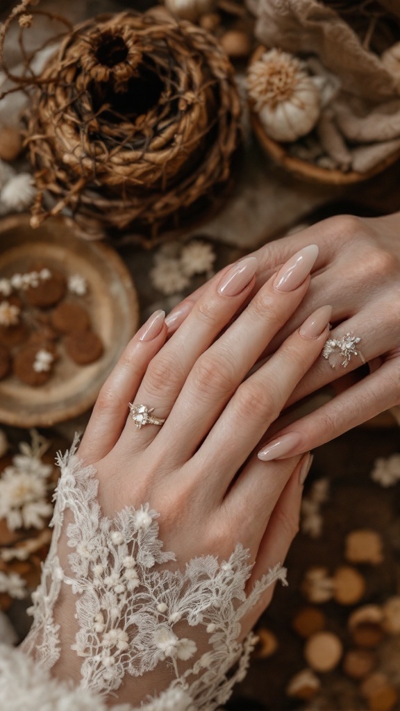 Close-up of nude wedding nails with a rustic background