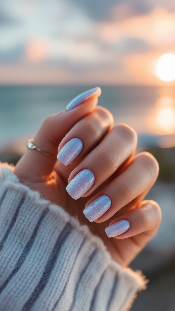Ocean blue glitter fade nails with sunset in the background