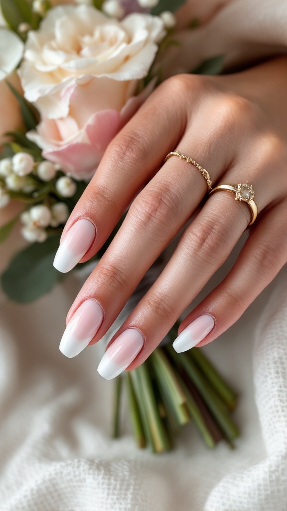 A hand with ombré wedding nails in soft pink and white, wearing delicate rings, set against a bouquet of flowers.