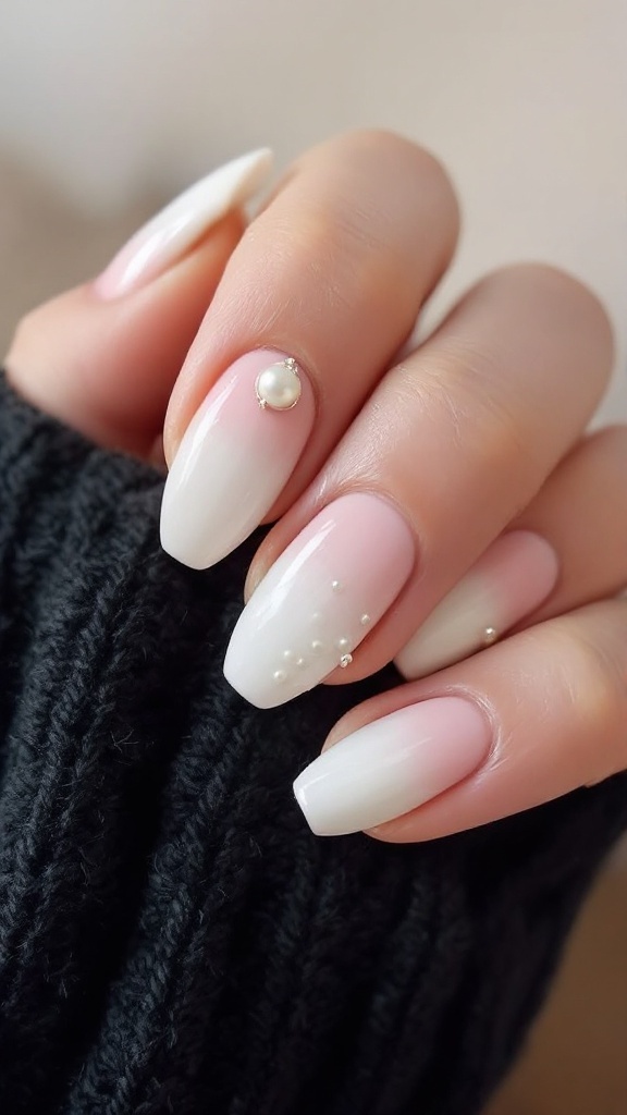 Nails with an ombre effect transitioning from white to pink, showcasing a pearl-like shine.