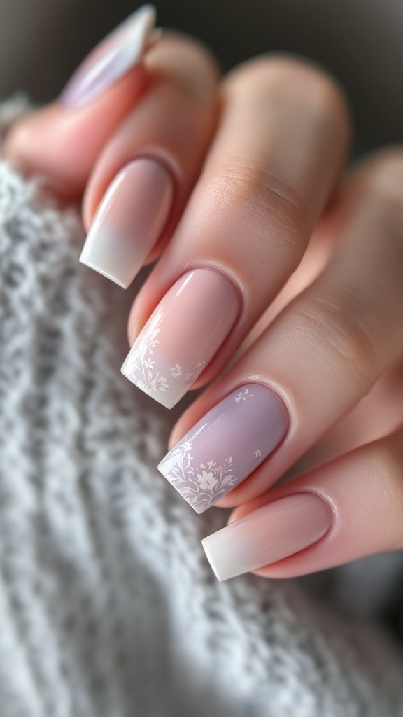 Short nails featuring a pale peach and lilac ombre design with floral accents