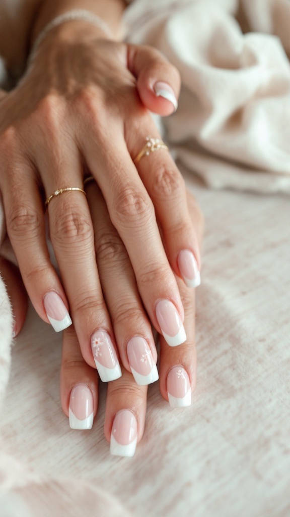 Close-up of hands with pastel French tip nails, featuring floral designs, resting on a soft fabric.