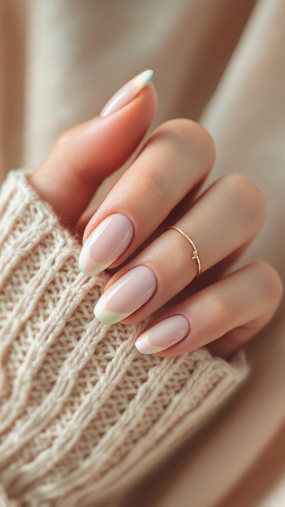 Close-up of a hand with pastel colored nail tips, featuring a soft nude base and mint and lavender tips, wearing a delicate gold ring and a cozy knit sweater.