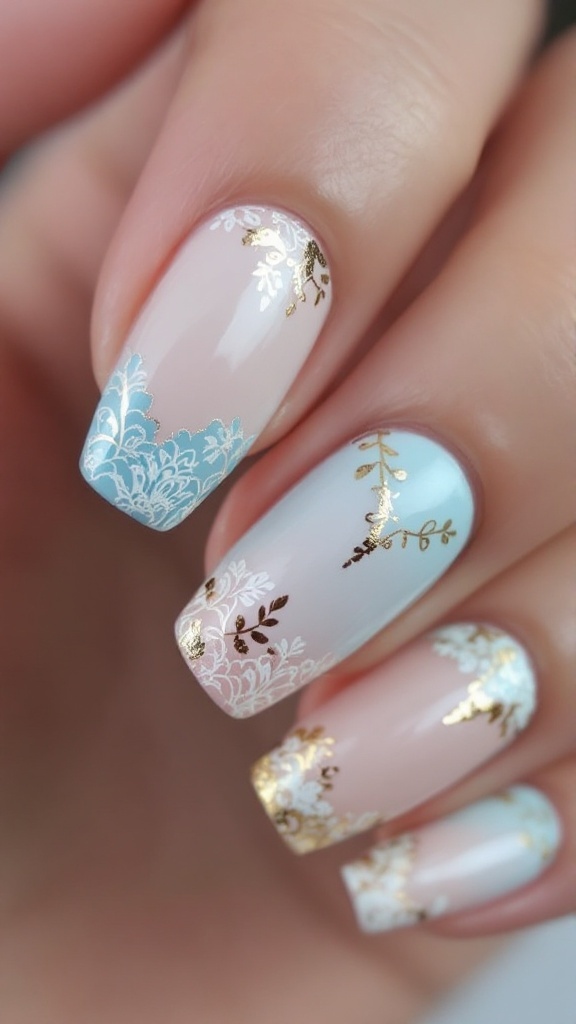 Wedding nails featuring a pastel color scheme with lace design and gold foil accents