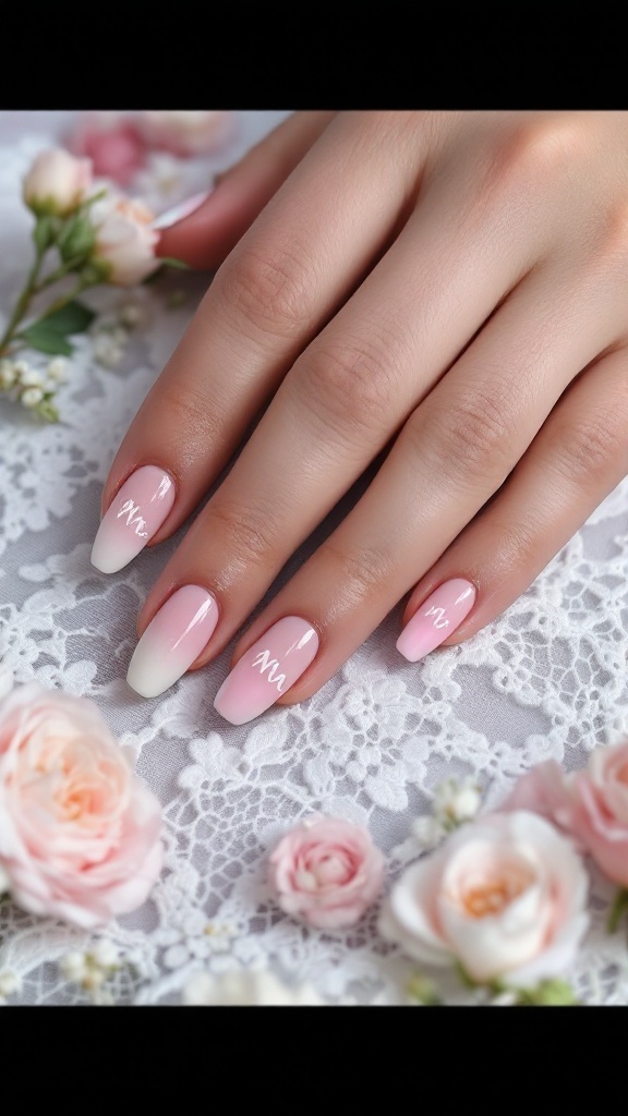 Elegant wedding nails with pastel ombré design and a personalized initial.