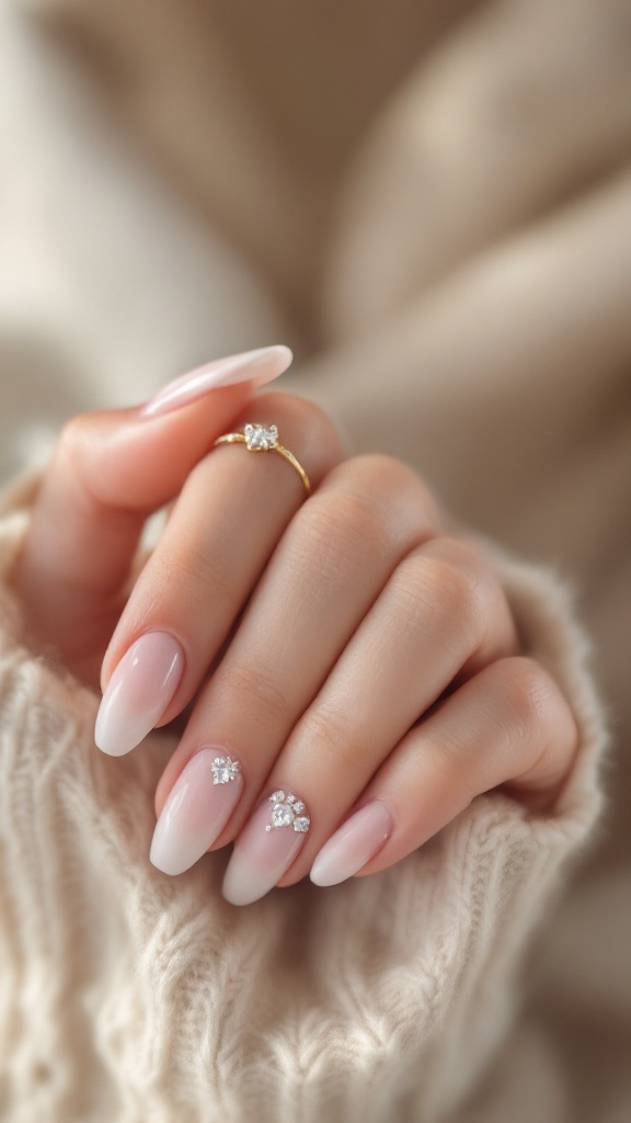 Short wedding nails featuring a pastel ombre design with rhinestone accents