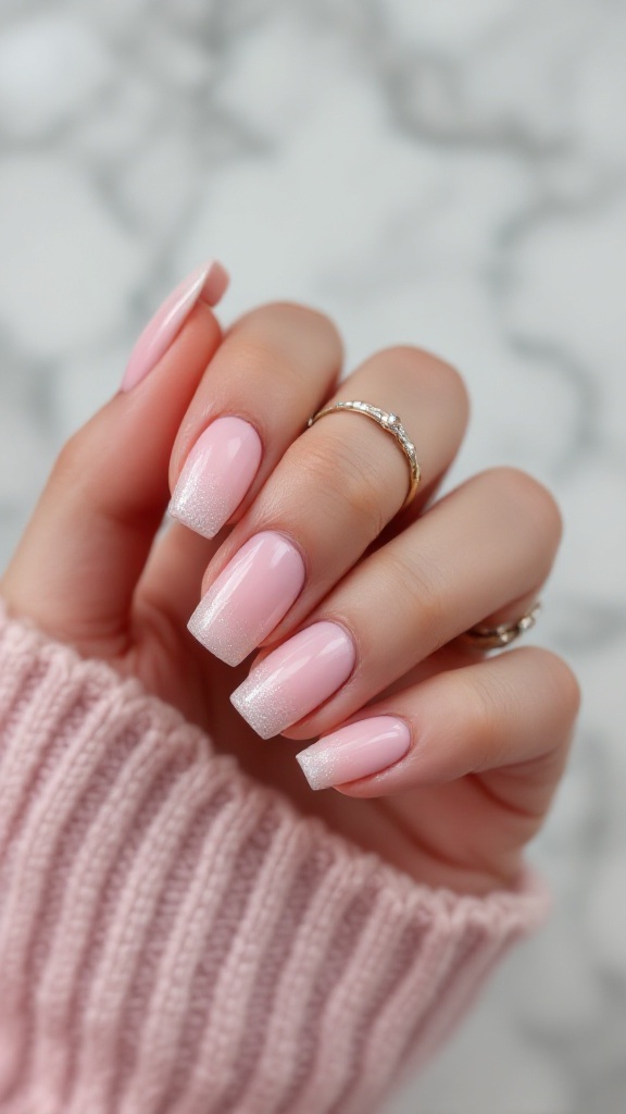 Pastel pink ombre nails with glitter accents on square-shaped nails.