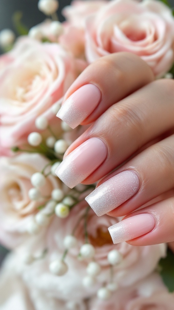 A hand with pastel pink ombre nails featuring glitter tips, surrounded by soft pink roses.