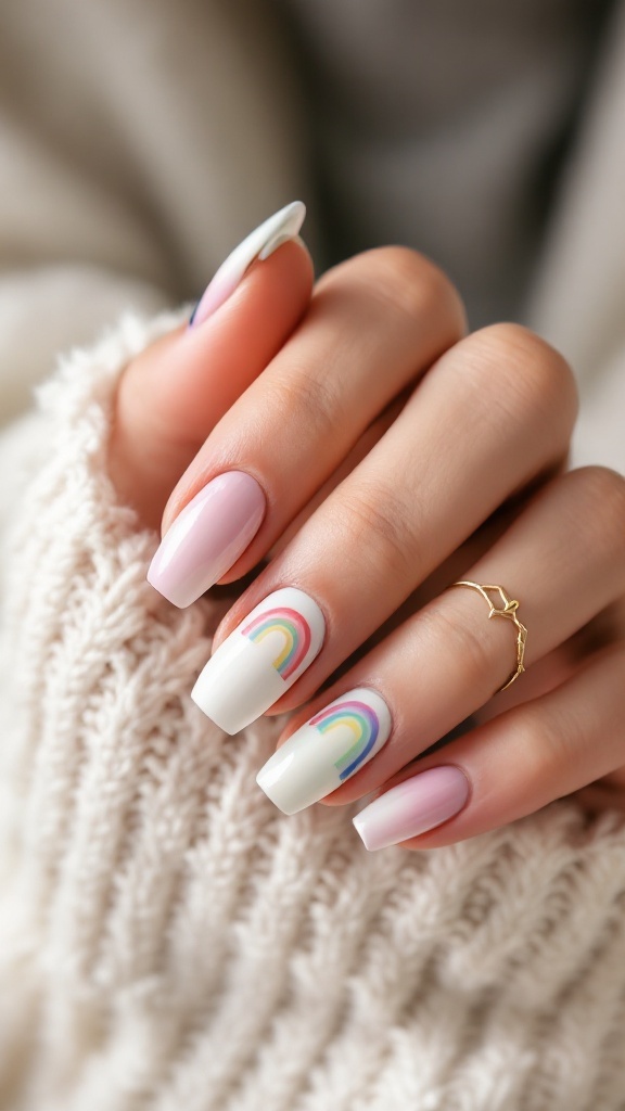 Korean wedding nails featuring a pastel rainbow design on a hand with a cozy background