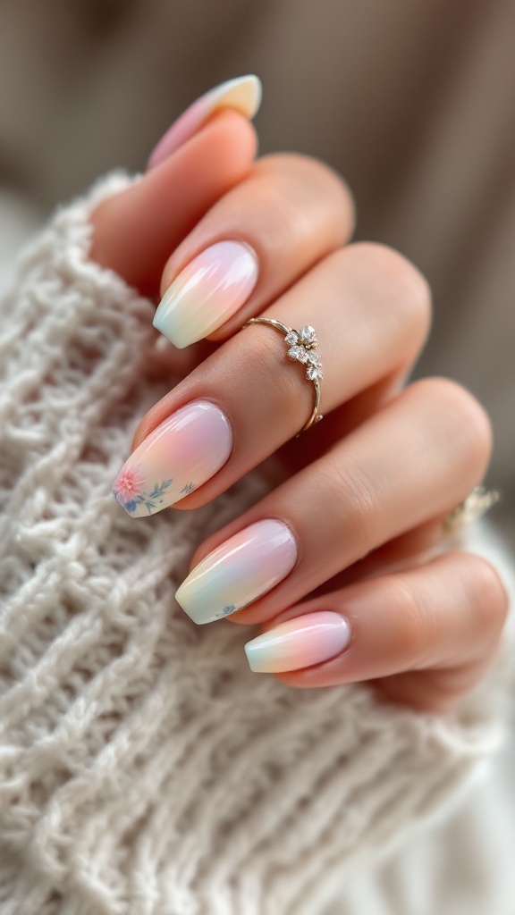 Short wedding nails with pastel ombre design featuring soft colors and floral accents.
