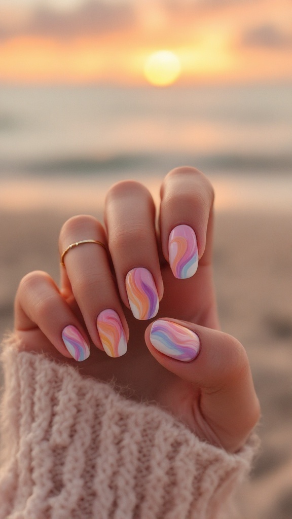 Nails featuring pastel sunset swirl design against a sunset beach backdrop