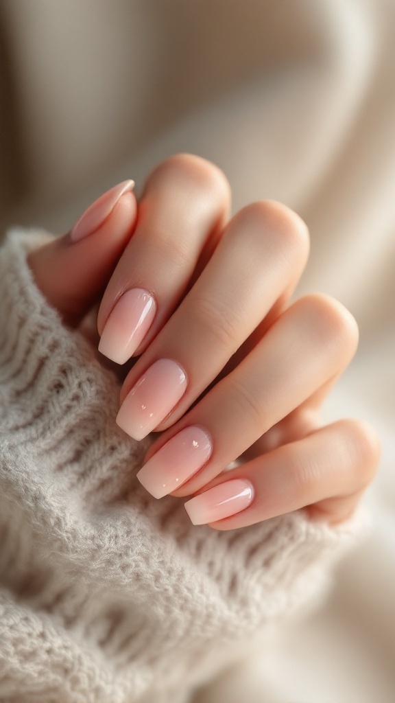 Short wedding nails with peach ombre and tiny heart details