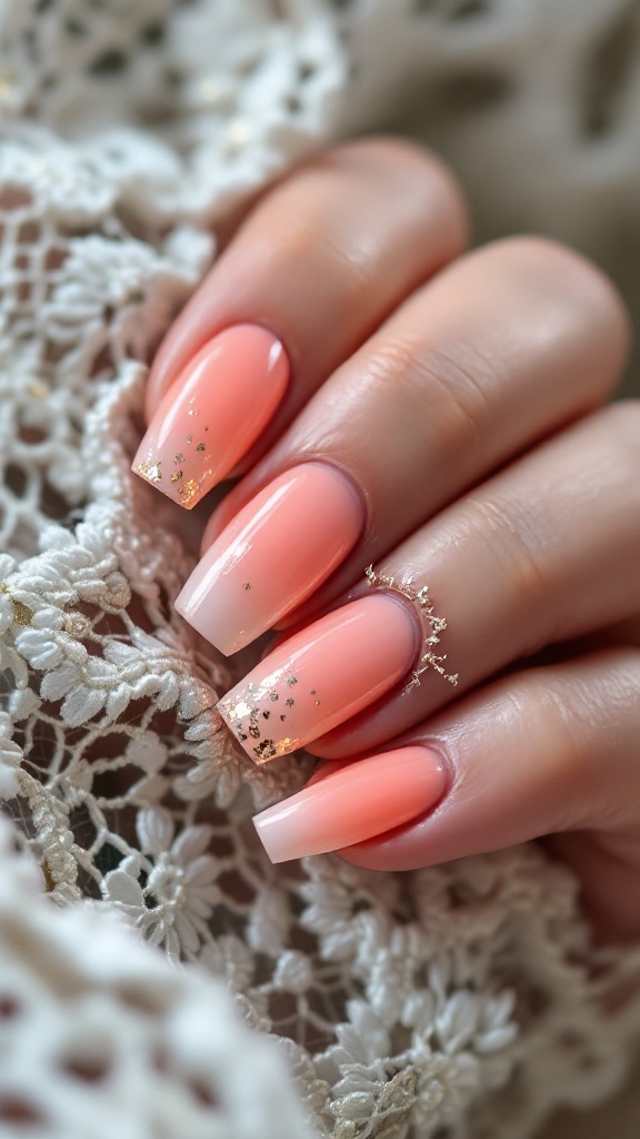 Short wedding nails in peachy coral with gold foil accents and an ombre effect.