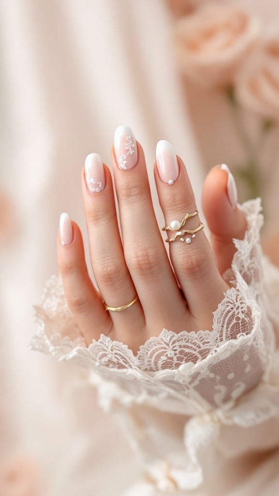 Close-up of elegant wedding nails featuring pearl-embedded lace designs with soft pink polish.