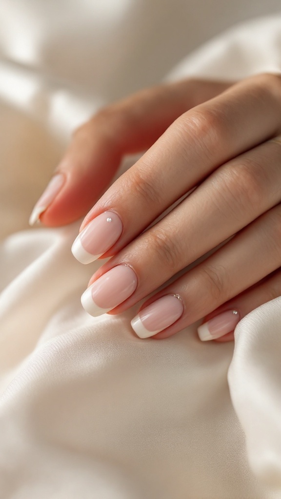 Close-up of a hand with a reverse French manicure featuring pearl accents.