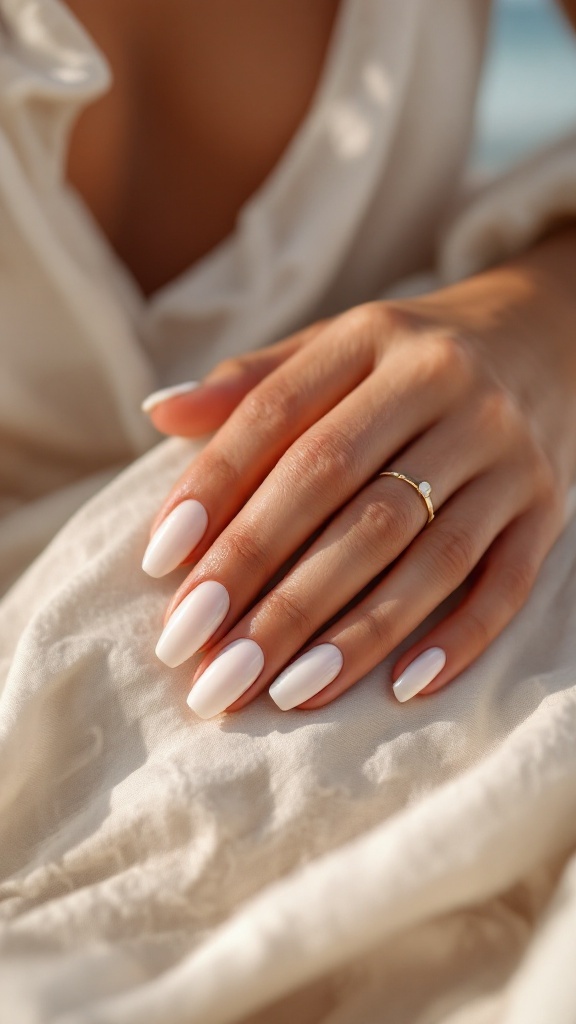 A close-up of a hand with pearlescent white nails resting on a light fabric.
