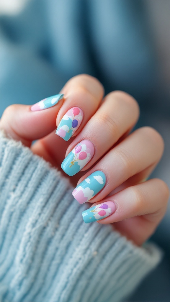 Nail design inspired by Pixar's Up featuring balloons and clouds.