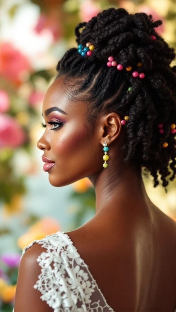 A woman with short hair styled in playful Bantu knots, adorned with colorful beads, showcasing a stylish bridesmaid hairstyle.