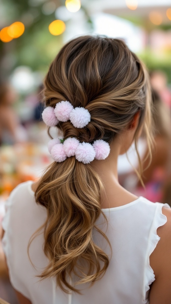 A junior bridesmaid with a playful ponytail adorned with pom-poms, showcasing soft waves and festive accessories.