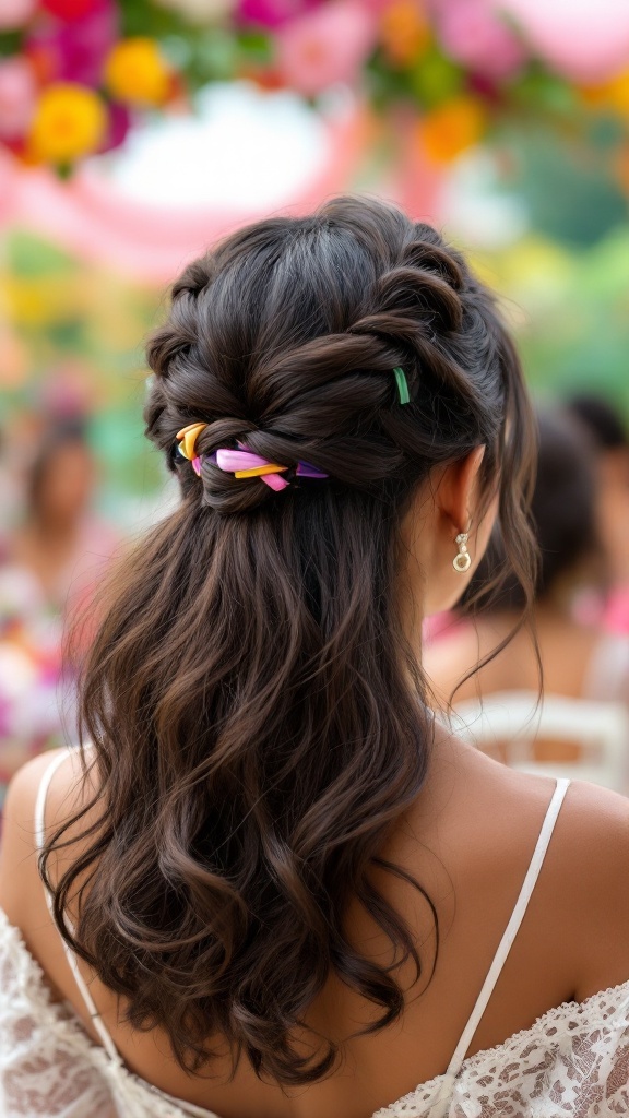 A close-up of a bridesmaid's playful twisted half-up hairstyle with colorful hair ties.