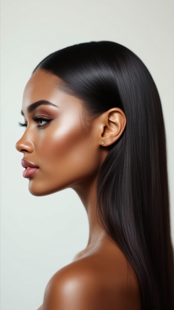 A beautiful woman with polished straight hair styled in a slick back manner