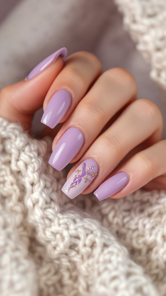 Nails featuring lavender polish with floral designs, inspired by Rapunzel from Disney.