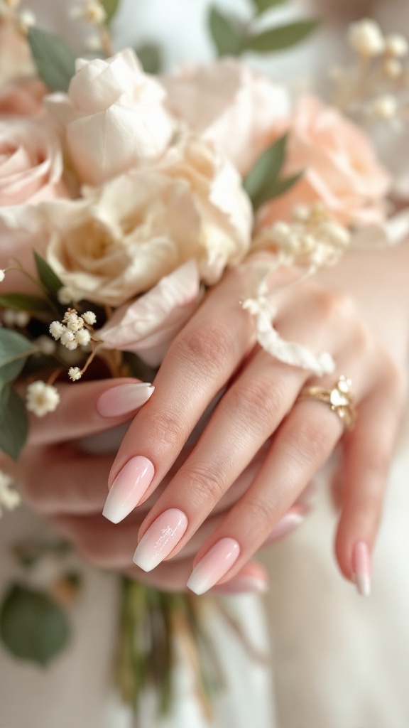 Close-up of a hand with romantic gradient nails, holding a bouquet of soft pink roses