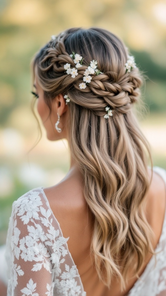A romantic half-up crown braid hairstyle adorned with white flowers