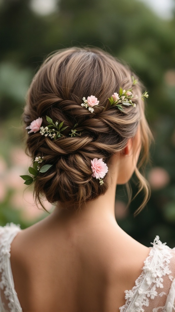 A romantic half-up flower braid hairstyle for short hair, adorned with pink flowers and greenery
