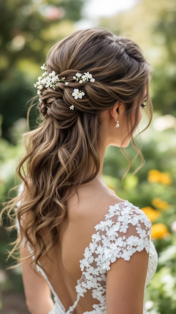 A bridesmaid hairstyle featuring loose waves and a half-up half-down style adorned with small white flowers.