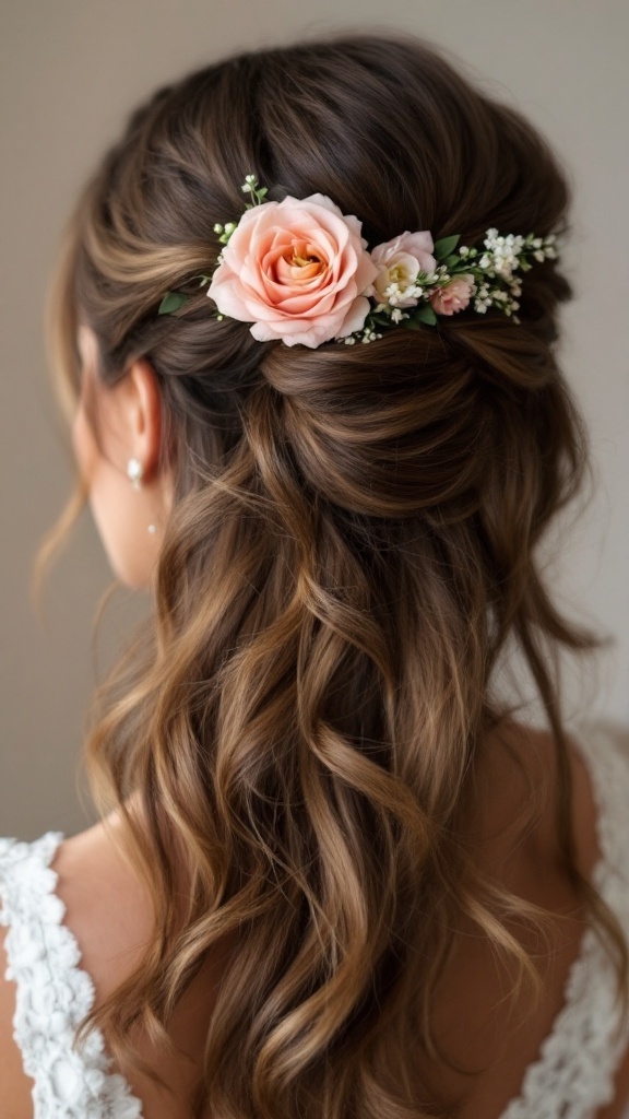 A romantic half-up half-down hairstyle featuring cascading waves and a pink rose accent.