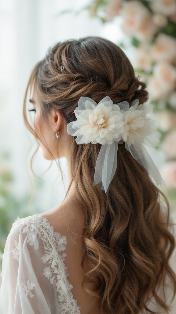 Half-up hairstyle for bridesmaid featuring tulle flowers