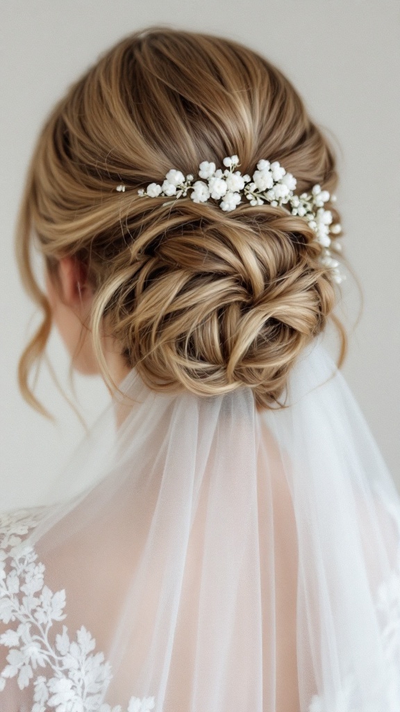 A romantic half-up bridesmaid hairstyle featuring soft curls and delicate white flowers, complemented by a lace veil.