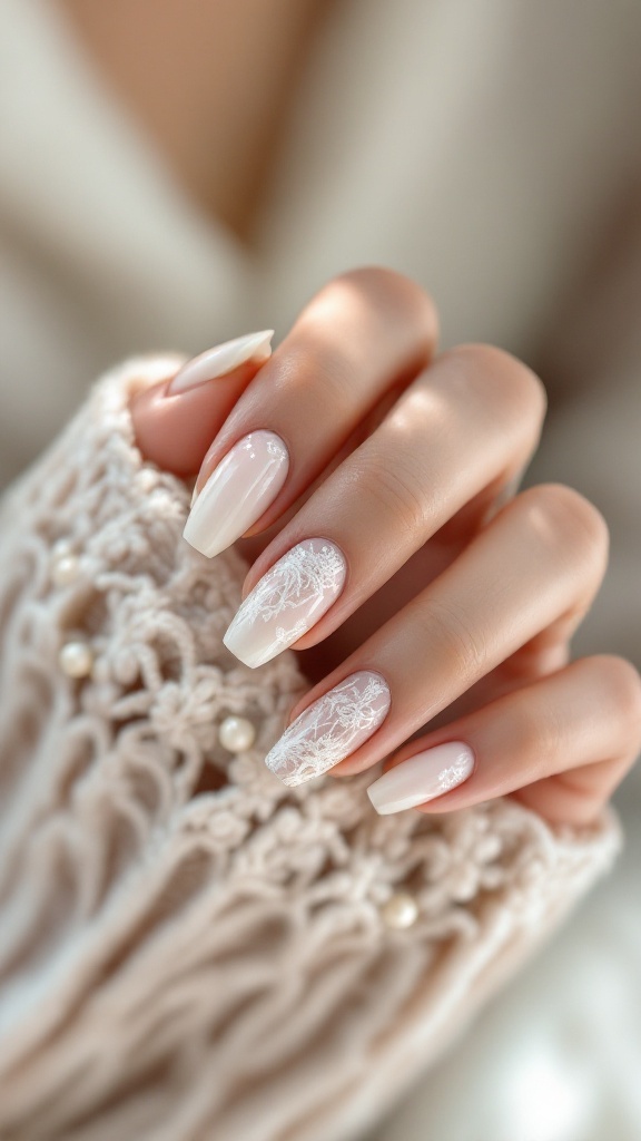 Close-up of elegant wedding nails featuring romantic lace patterns in soft white shades.