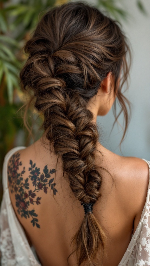 A romantic loose braid hairstyle adorned with mehndi designs, featuring soft waves and a relaxed look.