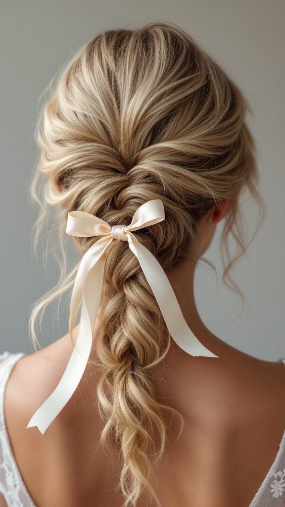 A romantic loose braid hairstyle with a satin ribbon, perfect for a bridesmaid.