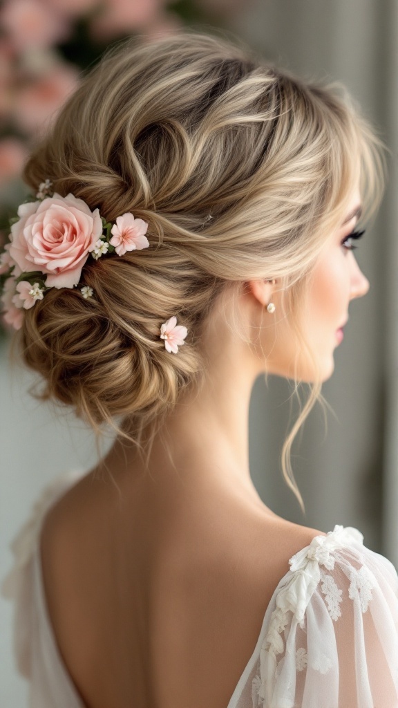 A close-up view of a romantic loose chignon hairstyle decorated with flowers, ideal for a wedding bridesmaid.