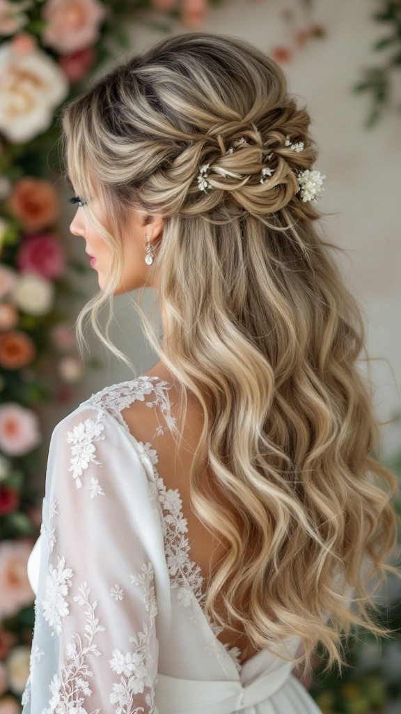 Half up half down bridesmaid hairstyle with romantic loose curls and floral accents