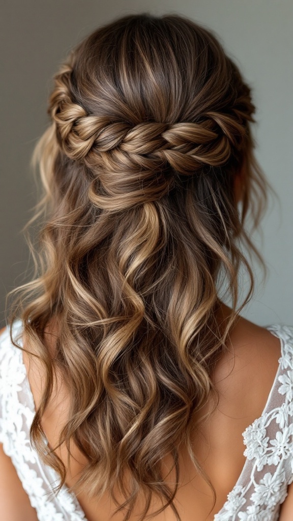 A romantic updo hairstyle featuring loose waves and a braided crown on long hair.