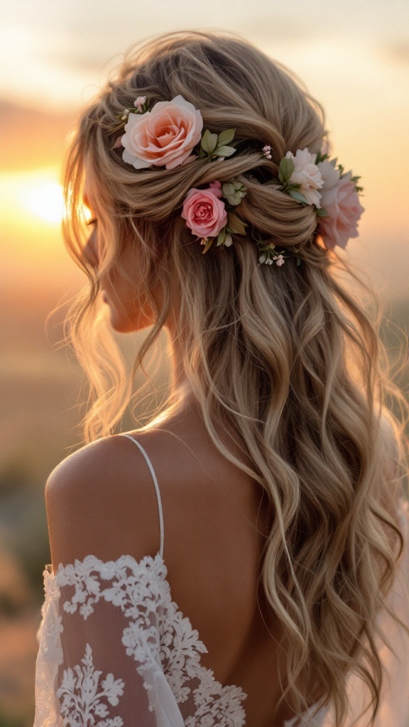 A woman with loose wavy hair adorned with pink and white flowers, showcasing a romantic hairstyle.