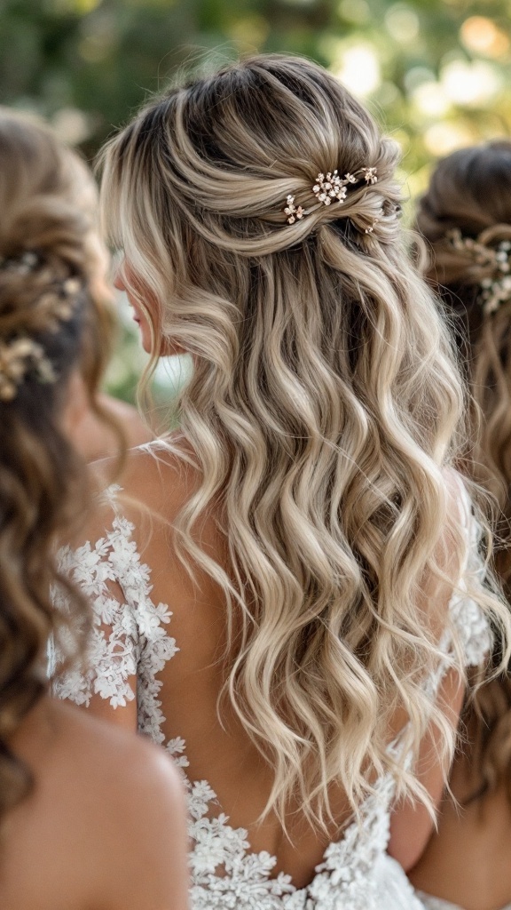 Bridesmaid hairstyle featuring romantic loose waves and side bangs with floral hair accessories.
