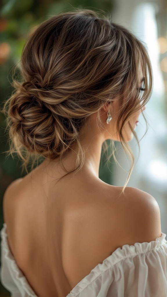 A romantic low bun hairstyle with loose strands framing the face