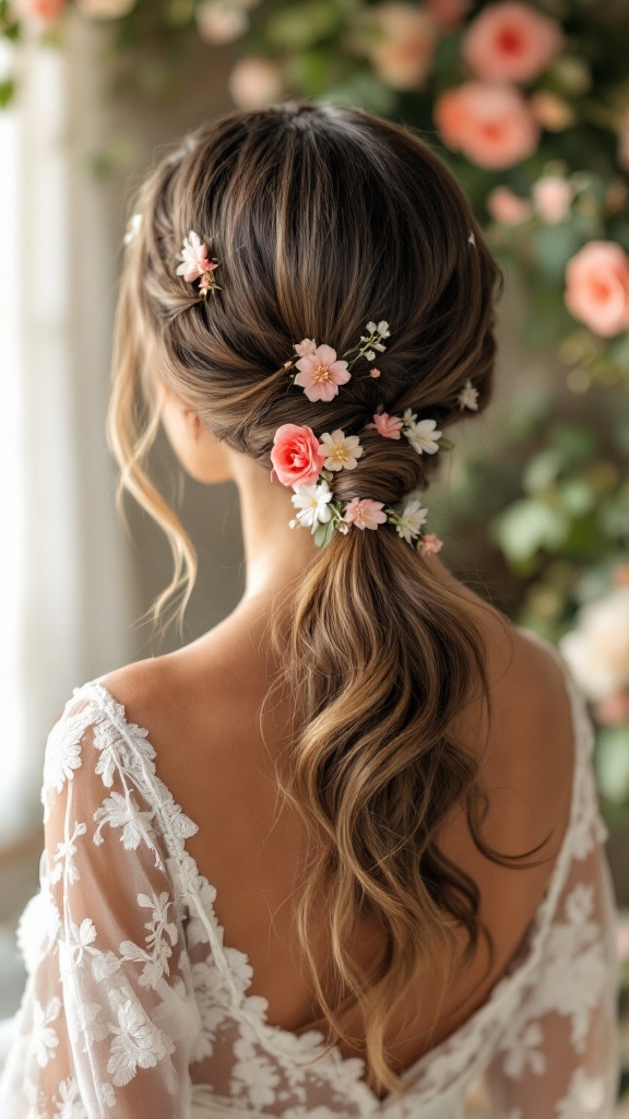 A romantic low pony hairstyle with soft waves and floral accents, perfect for bridesmaids.