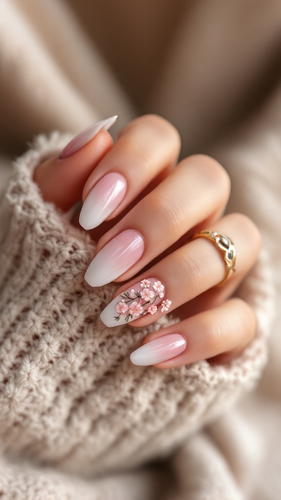 Ombre nail design with 3D flowers on one nail, featuring a soft pink to white gradient.