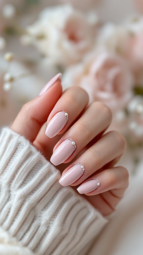 A hand with pastel pink bridal nails adorned with rhinestones, set against a soft floral background.