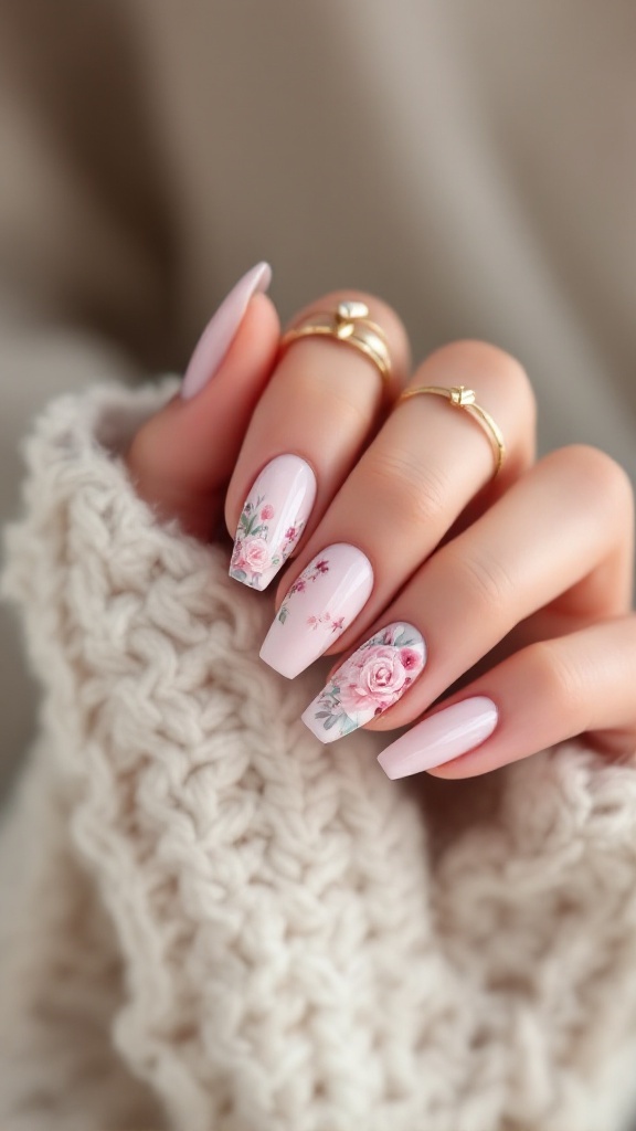 Close-up of romantic pastel wedding nails with 3D flower designs