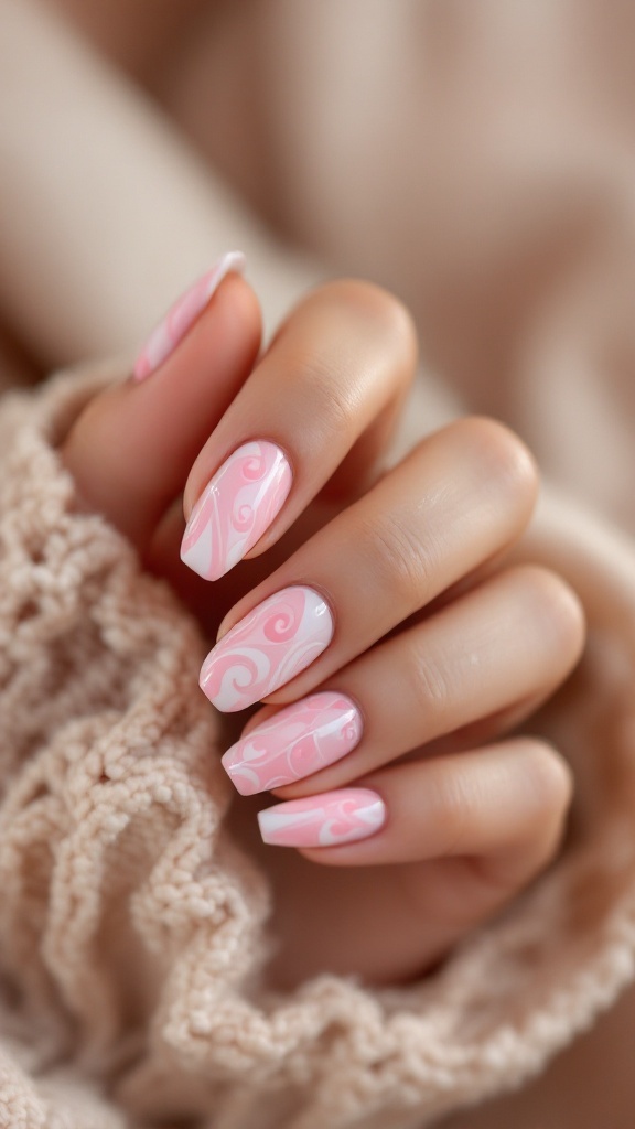 A close-up of romantic pink and white swirled nails, elegantly styled with a soft beige knit background.