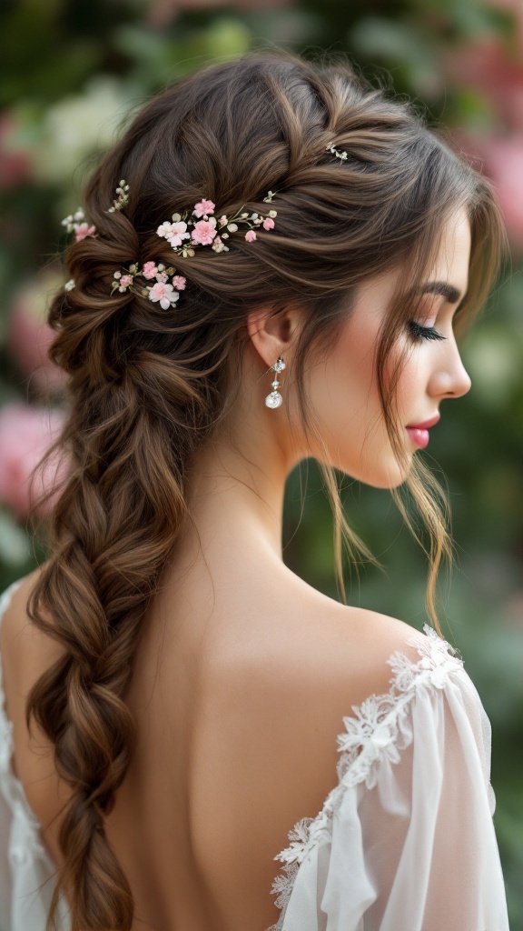 A romantic side braid with flowers, showcasing a beautiful hairstyle for bridesmaids with long hair.