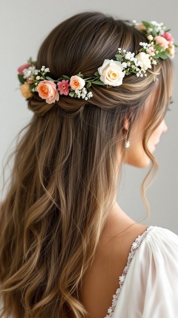 Bridesmaid hairstyle featuring straight hair and a floral crown