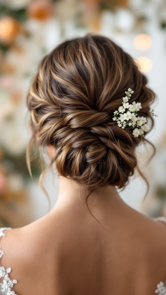 A romantic twisted bun hairstyle adorned with small white flowers